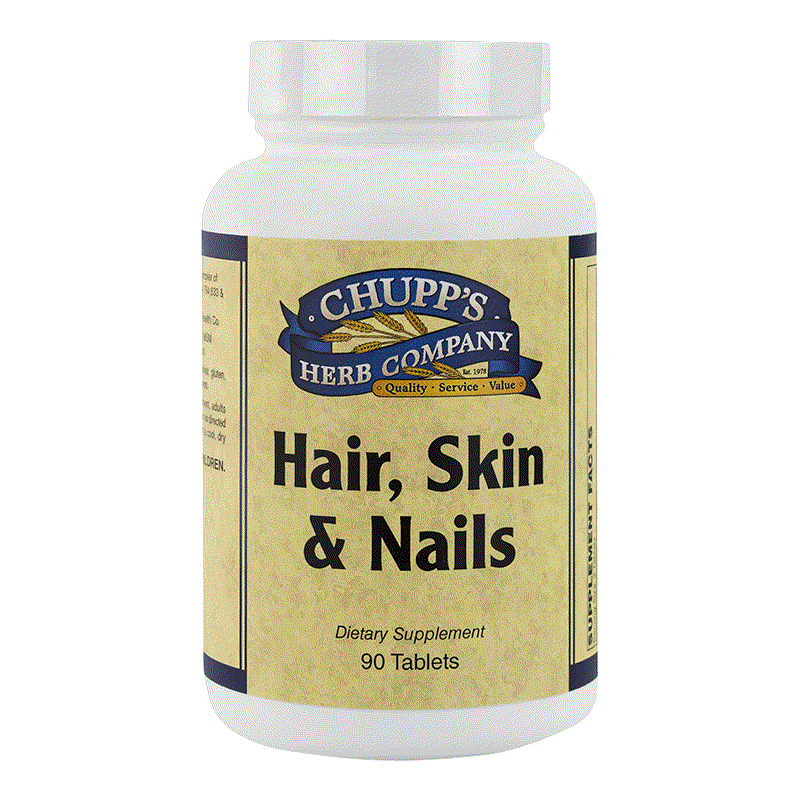 Chupp's Herb Company Hair Skin & Nails dietary supplement bottle with 90 tablets for hair and nail support