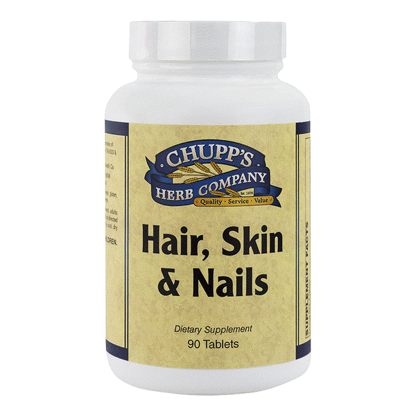 Chupp's Herb Company Hair Skin & Nails dietary supplement bottle with 90 tablets for hair and nail support