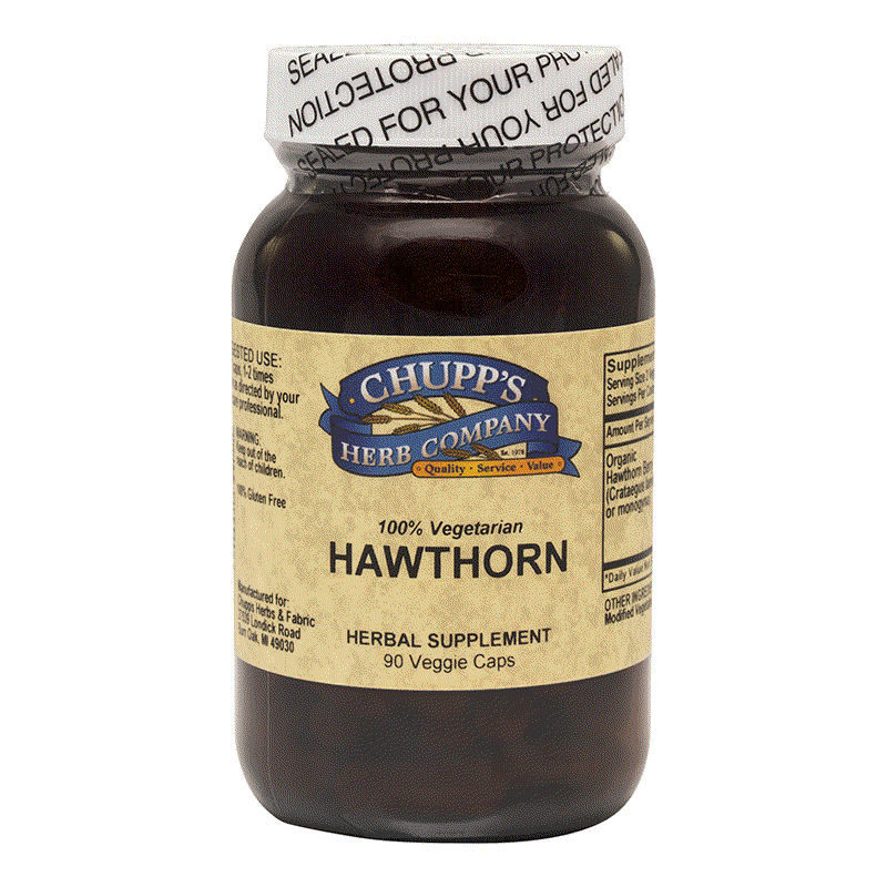 Organic Hawthorn Berry herbal supplement bottle with 90 vegetarian capsules for heart and cholesterol support