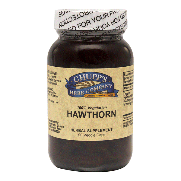 Organic Hawthorn Berry herbal supplement bottle with 90 vegetarian capsules for heart and cholesterol support