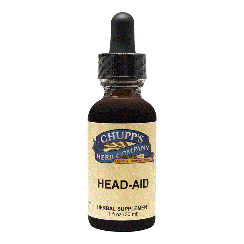 Head-Aid herbal supplement bottle with 508 mg blend for headache relief containing white willow bark and dropper cap