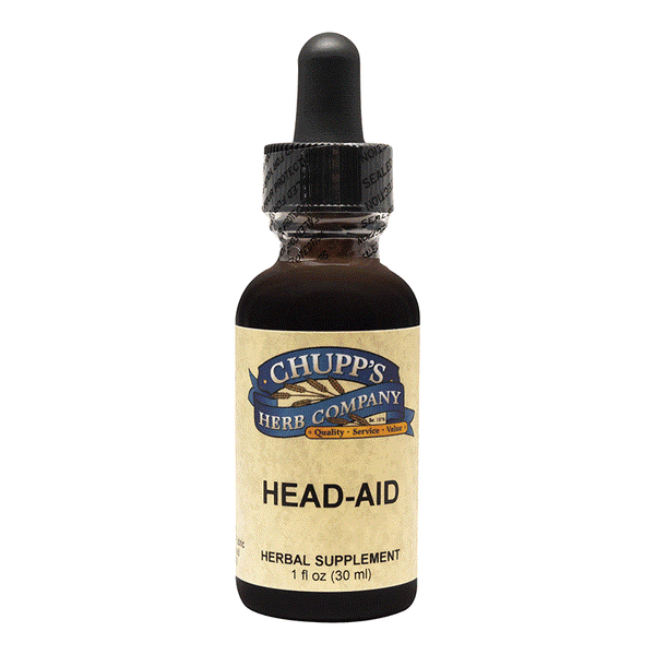 Head-Aid herbal supplement bottle with 508 mg blend for headache relief containing white willow bark and dropper cap