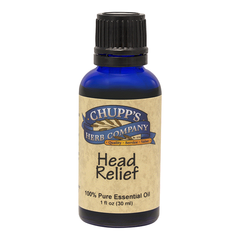 Blue bottle of Chupp's Herb Company Head Relief essential oil blend for headache relief and aromatherapy use