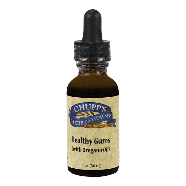 Healthy Gums oregano oil dropper bottle for gum support with olive oil base