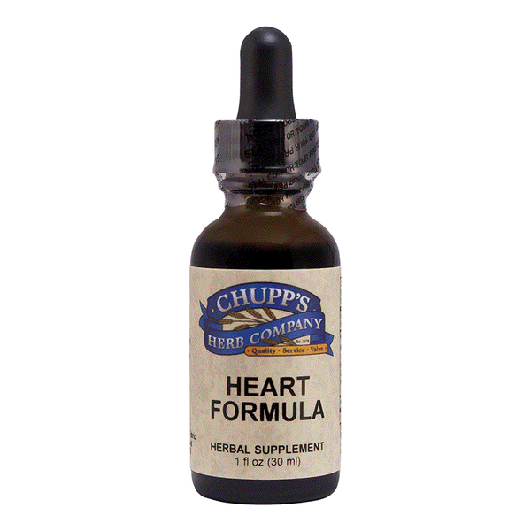 Bottle of Chupp's Heart Formula herbal supplement with dropper, supporting long-term heart health with fresh herbal blend