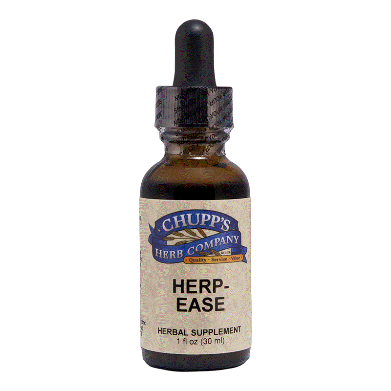 Herp-Ease herbal supplement bottle with neem and turmeric for skin wellness, 1 fl oz dropper bottle