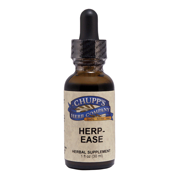 Herp-Ease herbal supplement bottle with neem and turmeric for skin wellness, 1 fl oz dropper bottle