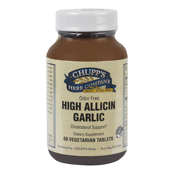Bottle of Chupp's Herb Company High Allicin Garlic odor-free dietary supplement with 60 vegetarian tablets and 500mg garlic extract per serving