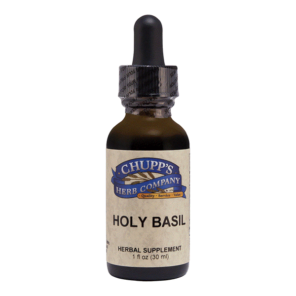 Chupp's Holy Basil Liquid herbal supplement bottle with 500 mg organic Ocimum Sanctum extract, 1 fl oz dropper bottle