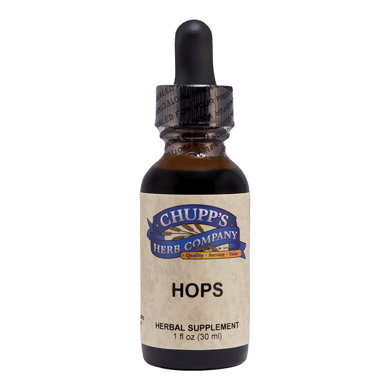 Organic hops strobiles herbal supplement bottle with dropper by Chupp's Herb Company