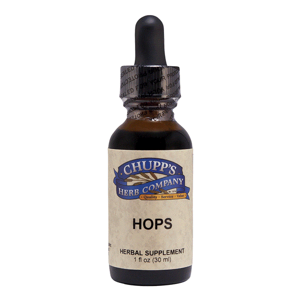 Organic hops strobiles herbal supplement bottle with dropper by Chupp's Herb Company