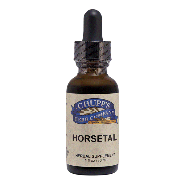 Chupp's Horsetail herbal supplement bottle supporting hair, nails, calcium absorption, and natural diuretic.