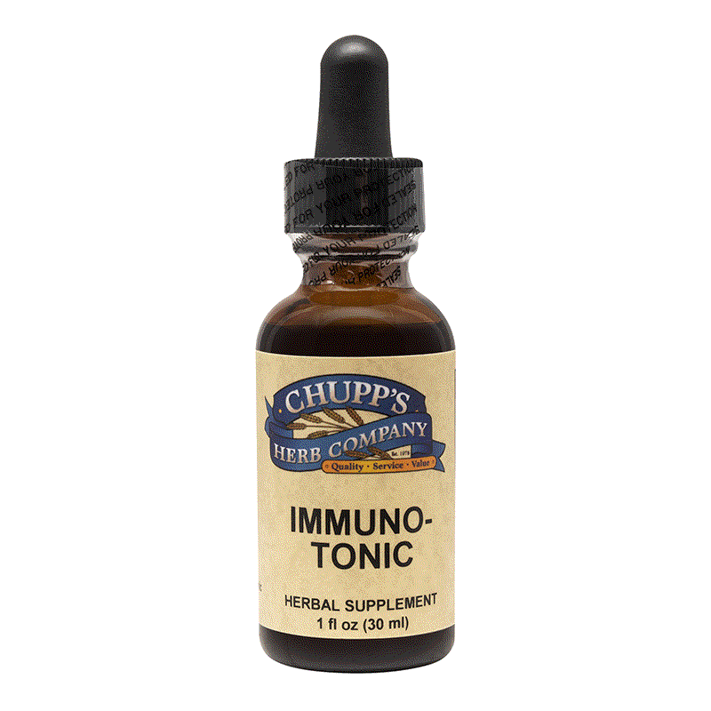 Immuno-Tonic herbal supplement bottle with dropper for daily immune support, alcohol-free formula, blend of five roots