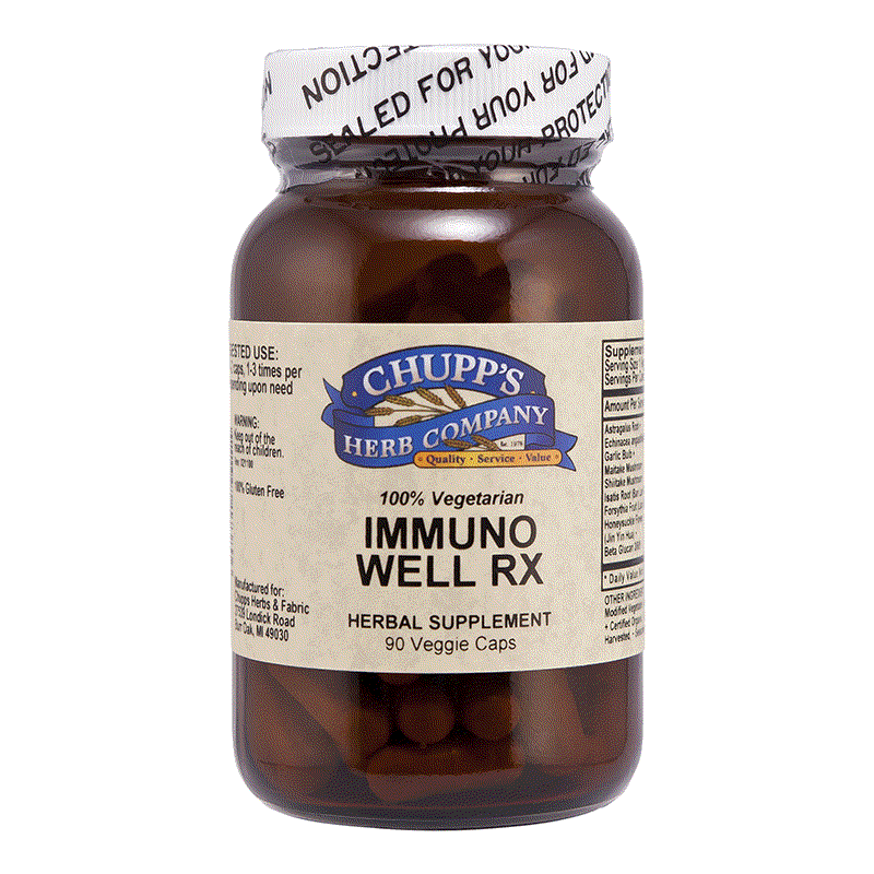 Immuno Well RX herbal supplement bottle with 90 vegetarian capsules for immune support containing mushrooms and herbs