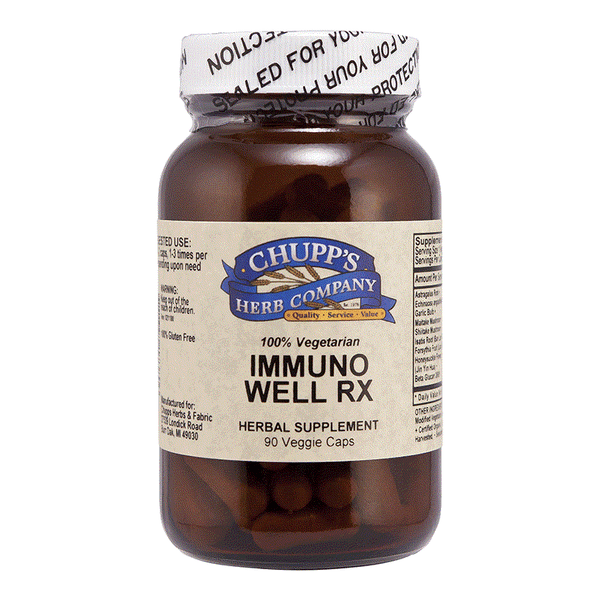 Immuno Well RX herbal supplement bottle with 90 vegetarian capsules for immune support containing mushrooms and herbs