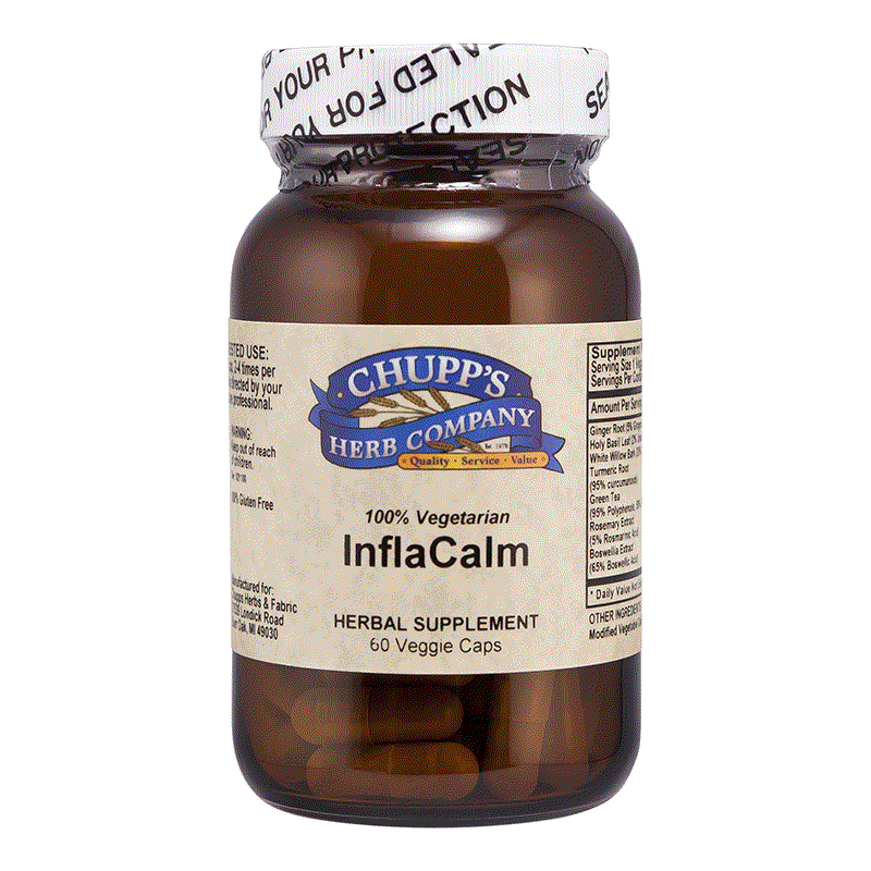 Inflacalm herbal supplement bottle with 60 vegetarian capsules for daily inflammation support containing 7 active herbs