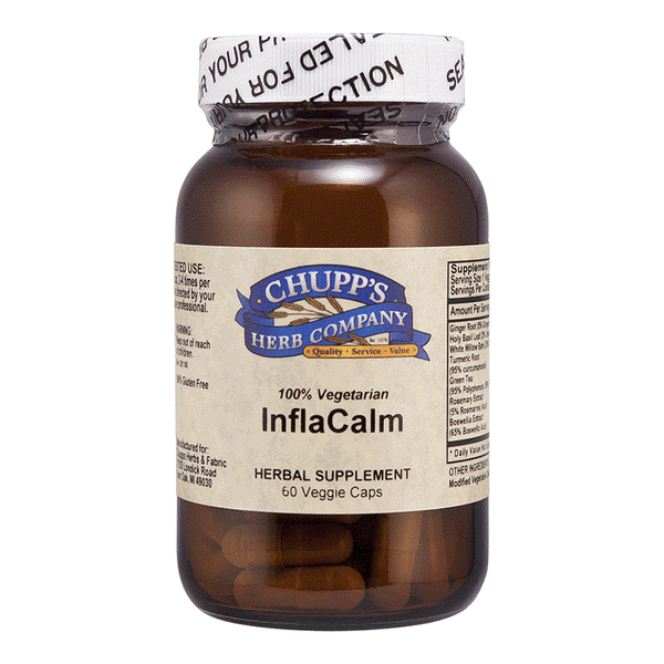 Inflacalm herbal supplement bottle with 60 vegetarian capsules for daily inflammation support containing 7 active herbs