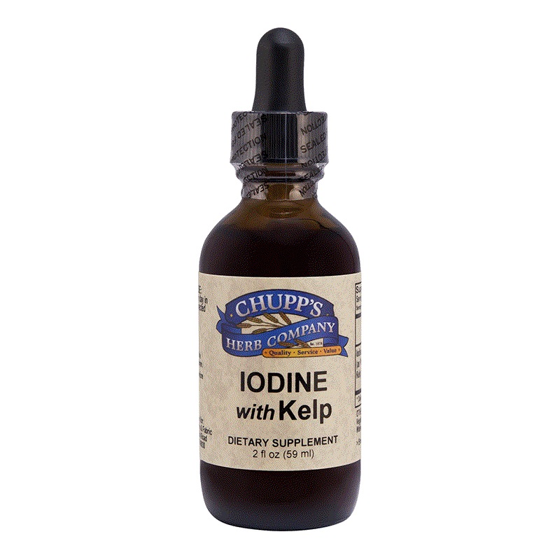 Bottle of Iodine with Kelp liquid dietary supplement with dropper.