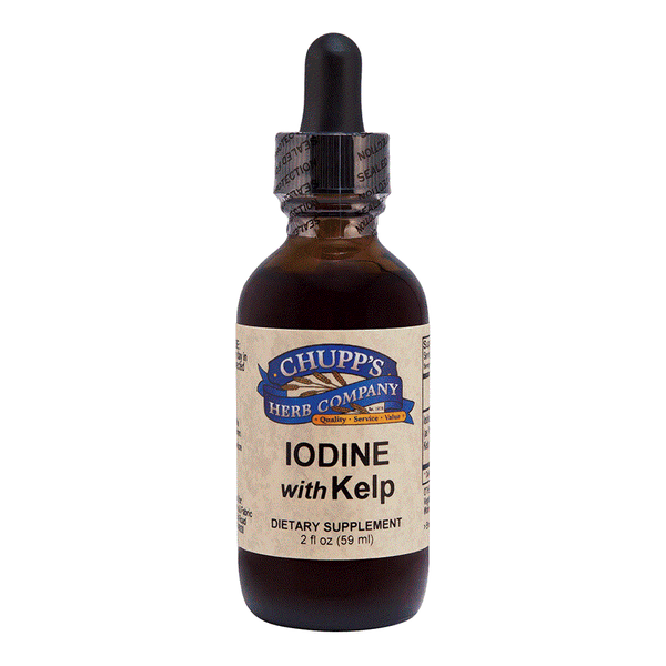 Bottle of Iodine with Kelp liquid dietary supplement with dropper.