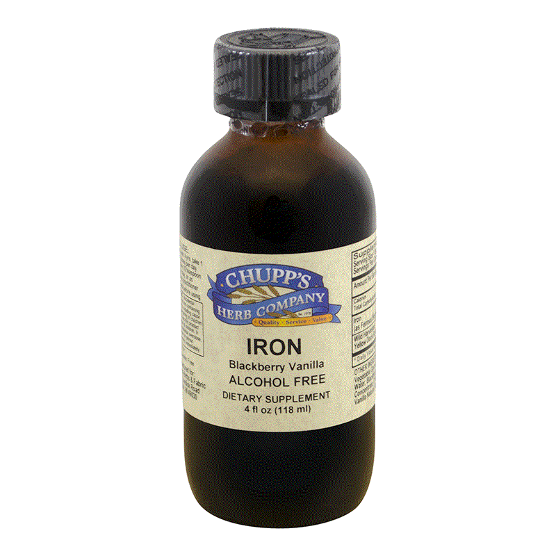 Bottle of Chupp's Herb Company Iron Liquid dietary supplement with blackberry vanilla flavor and alcohol-free formula