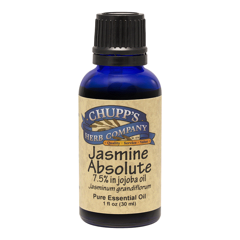 Blue bottle of Chupp's Herb Company Jasmine Absolute pure essential oil with 7.5% jojoba oil, rich floral aroma, ready to apply