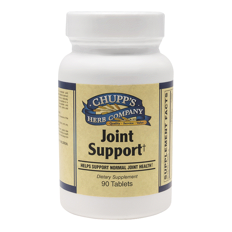 Chupp's Herb Company Joint Support dietary supplement bottle with glucosamine sulfate and chondroitin for joint health, gluten and dairy free, 90 tablets