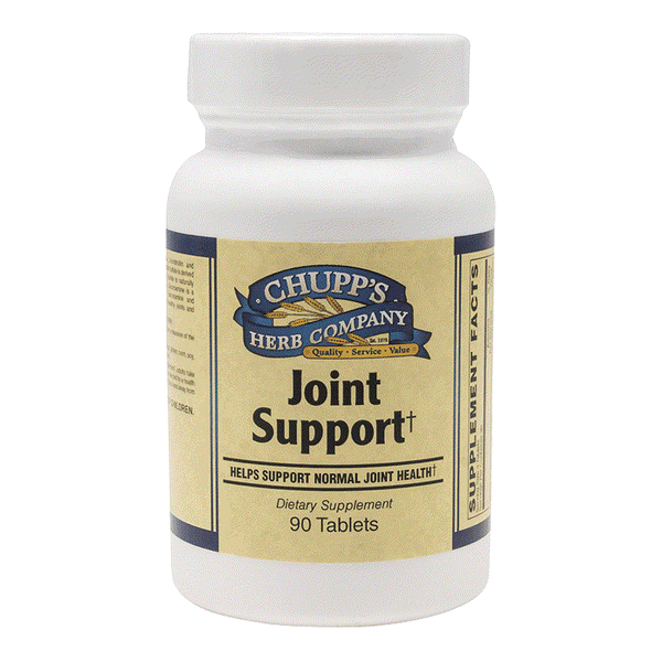 Chupp's Herb Company Joint Support dietary supplement bottle with glucosamine sulfate and chondroitin for joint health, gluten and dairy free, 90 tablets