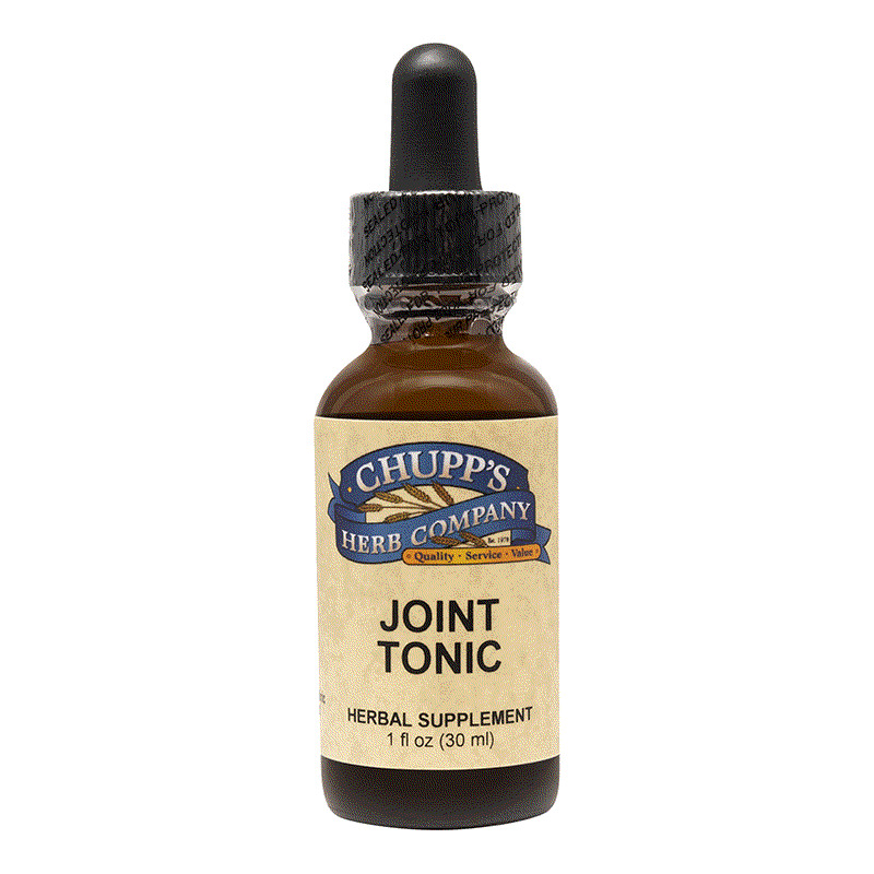 Bottle of Chupp's Herb Company Joint Tonic herbal supplement with dropper, alcohol-free formula, 1 fl oz (30 ml)