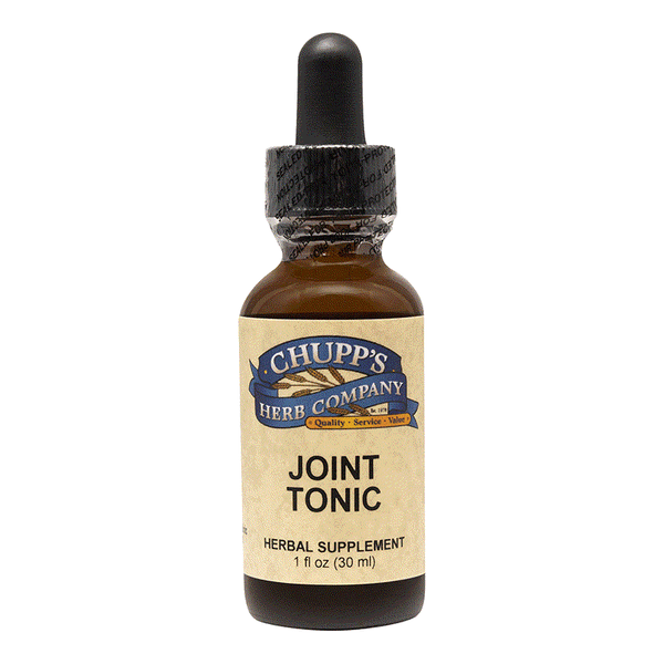 Bottle of Chupp's Herb Company Joint Tonic herbal supplement with dropper, alcohol-free formula, 1 fl oz (30 ml)