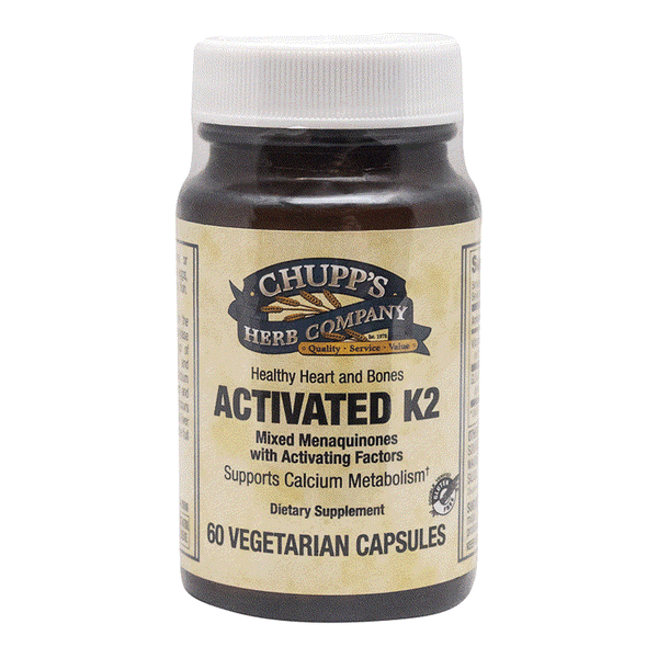 Bottle of Chupp's Herb Company Activated Vitamin K2 dietary supplement with 60 vegetarian capsules for bone and heart health