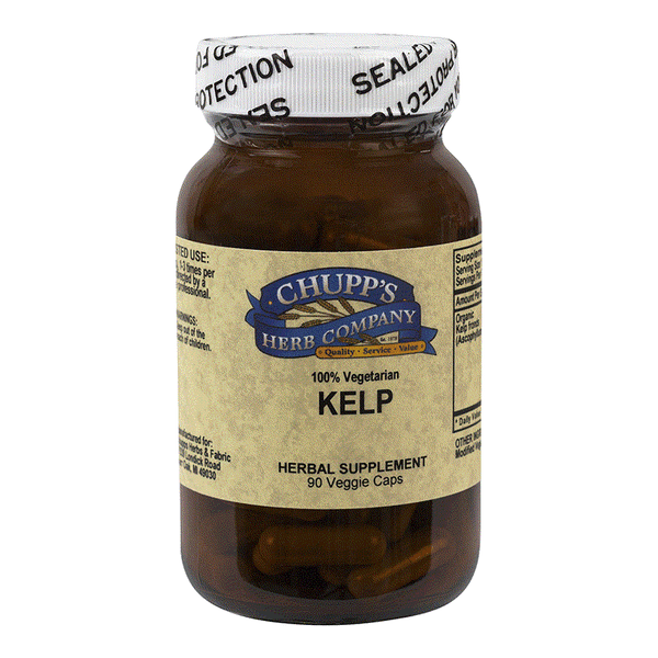 Organic kelp capsules supplement bottle with 90 vegetarian veggie caps providing 600 mg iodine per serving.