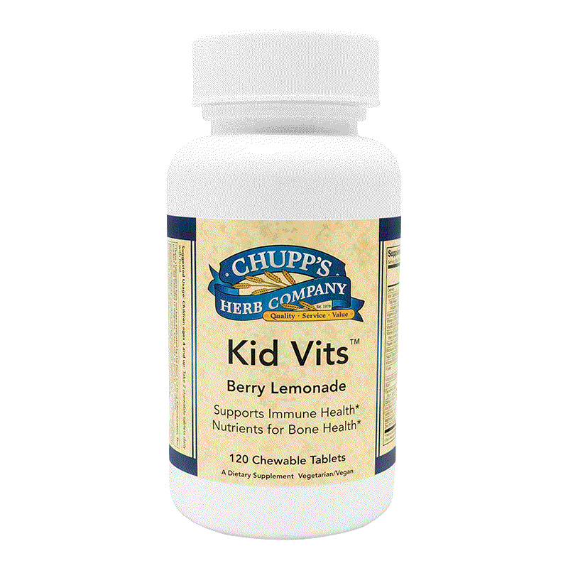 Chupp's Herb Company Kid Vits berry lemonade chewable tablets for children's immune and bone health, 120 count