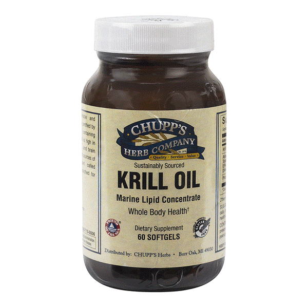 Bottle of Chupp's Herb Company Krill Oil dietary supplement with 60 softgels for brain and whole body health