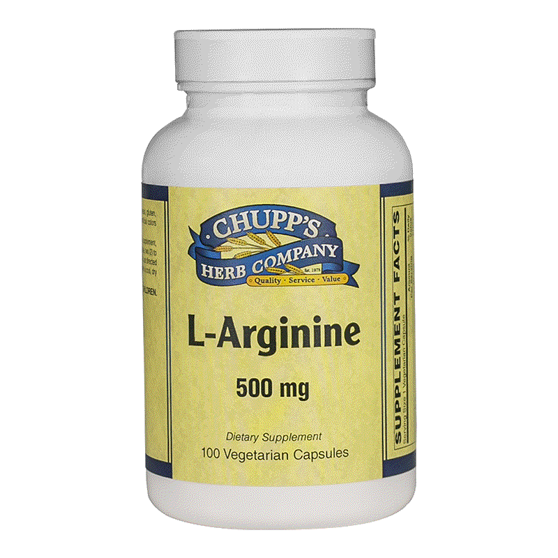 Bottle of Chupp's Herb Company L-Arginine 500 mg dietary supplement with 100 vegetarian capsules for heart and circulation support including Vitamin B6