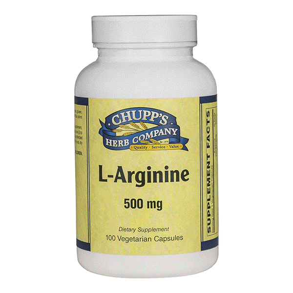 Bottle of Chupp's Herb Company L-Arginine 500 mg dietary supplement with 100 vegetarian capsules for heart and circulation support including Vitamin B6