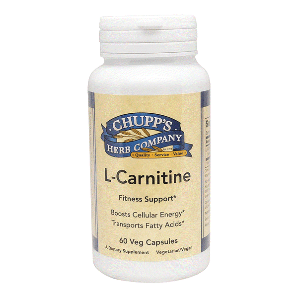 Chupp's Herb Company L-Carnitine dietary supplement bottle, 60 vegetarian capsules for mitochondrial energy support and fatty acid transport.