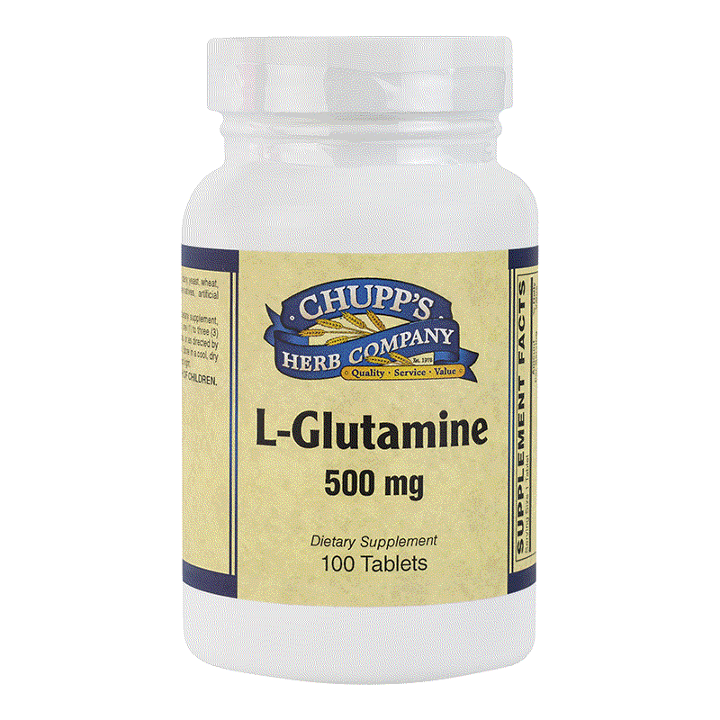 Chupp's Herb Company L-Glutamine 500 mg dietary supplement bottle with 100 tablets for brain and muscle support, allergen-free.