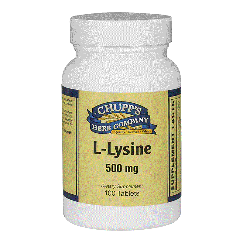 L-Lysine 500 mg dietary supplement bottle supporting muscle recovery and immune health
