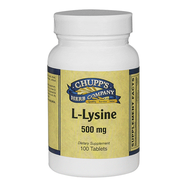 L-Lysine 500 mg dietary supplement bottle supporting muscle recovery and immune health