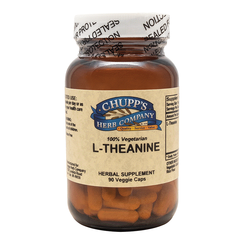 Bottle of Chupp's Herb Company L-Theanine 200 mg vegetarian capsules dietary supplement