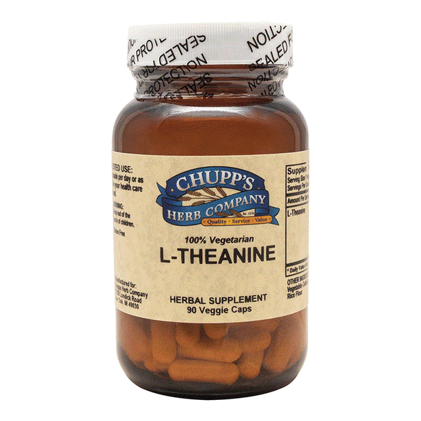 Bottle of Chupp's Herb Company L-Theanine 200 mg vegetarian capsules dietary supplement