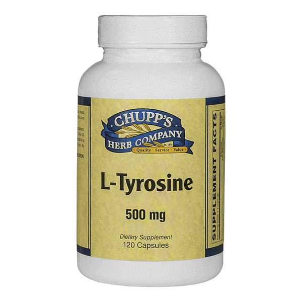 L-Tyrosine 500 mg dietary supplement bottle with 120 capsules supporting mood balance and free from artificial colors and allergens