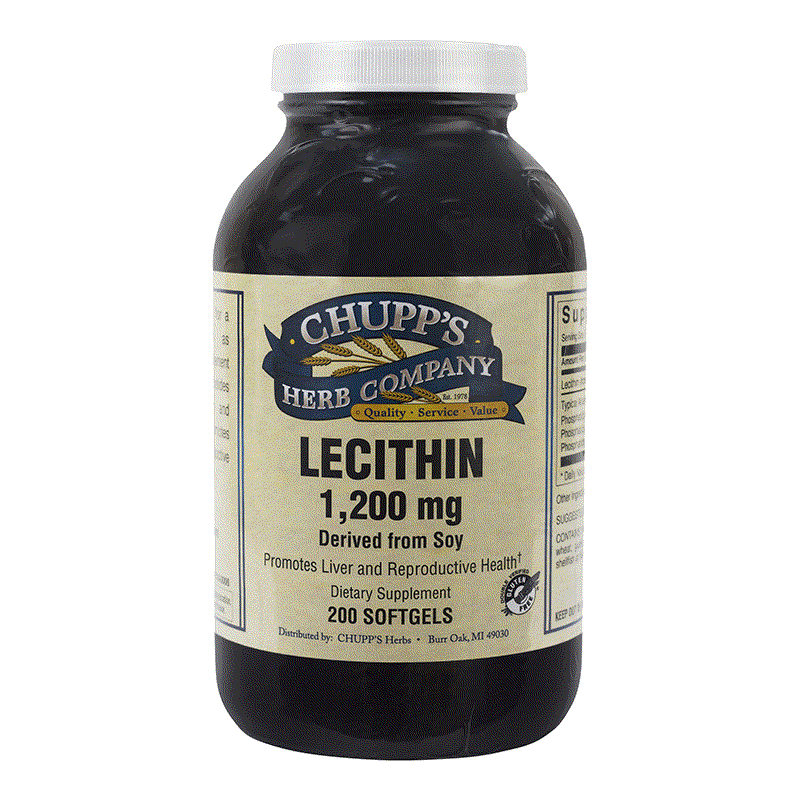 Bottle of Chupp's Herb Company Lecithin 1200 mg softgels derived from non-GMO soy for heart and liver health.