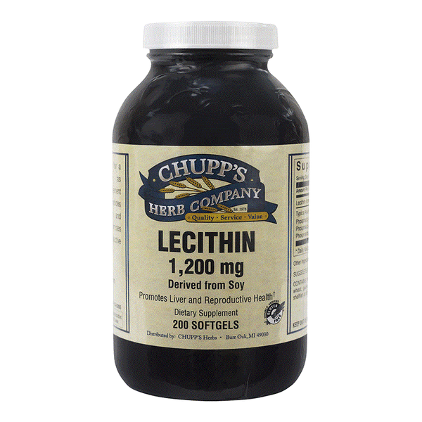 Bottle of Chupp's Herb Company Lecithin 1200 mg softgels derived from non-GMO soy for heart and liver health.
