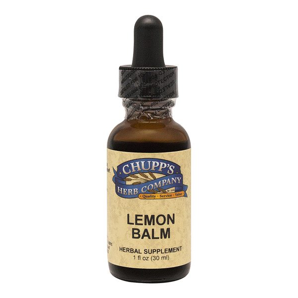 Bottle of Chupp's Herb Company Lemon Balm herbal supplement with dropper cap, 1 fl oz organic Melissa officinalis extract