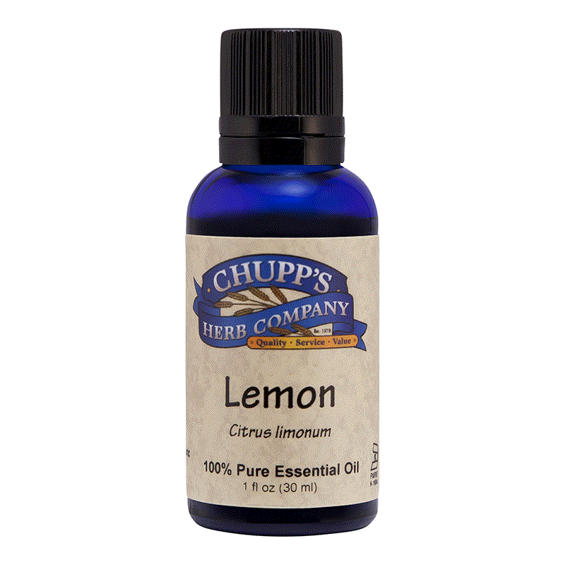 Blue bottle of Chupp's Herb Company Lemon 100% pure citrus essential oil for respiratory health and antiseptic use