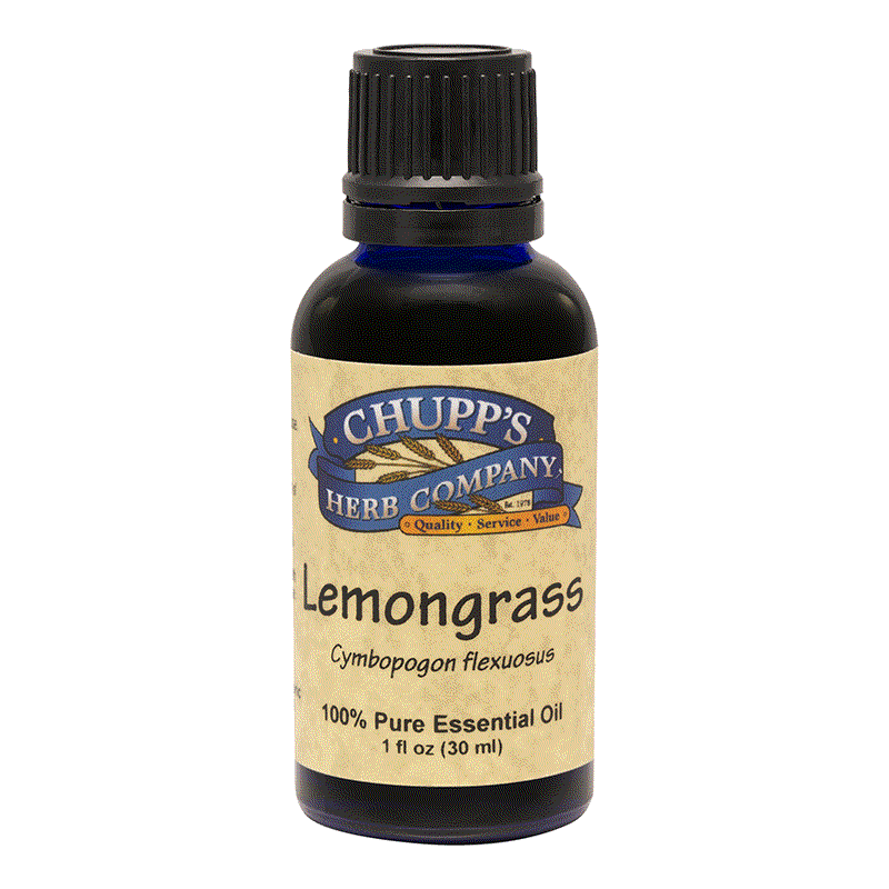 Bottle of Chupp's Herb Company Lemongrass 100% pure essential oil for muscle relief and stress easing