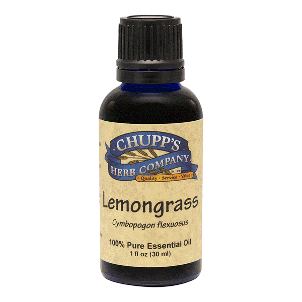 Bottle of Chupp's Herb Company Lemongrass 100% pure essential oil for muscle relief and stress easing