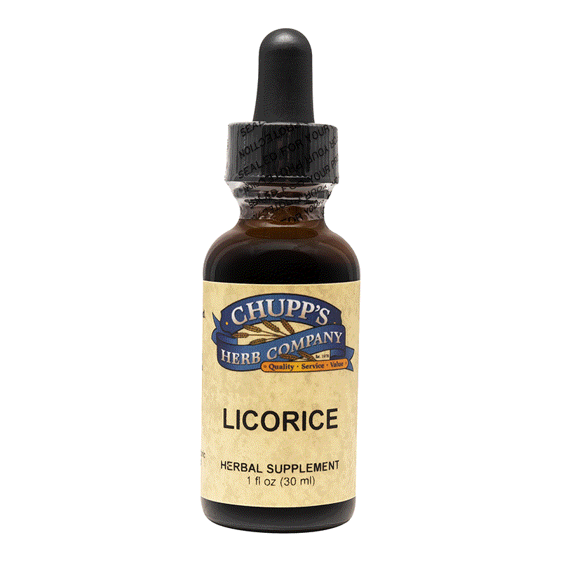 Organic Licorice Root herbal supplement in dropper bottle, alcohol-free formula