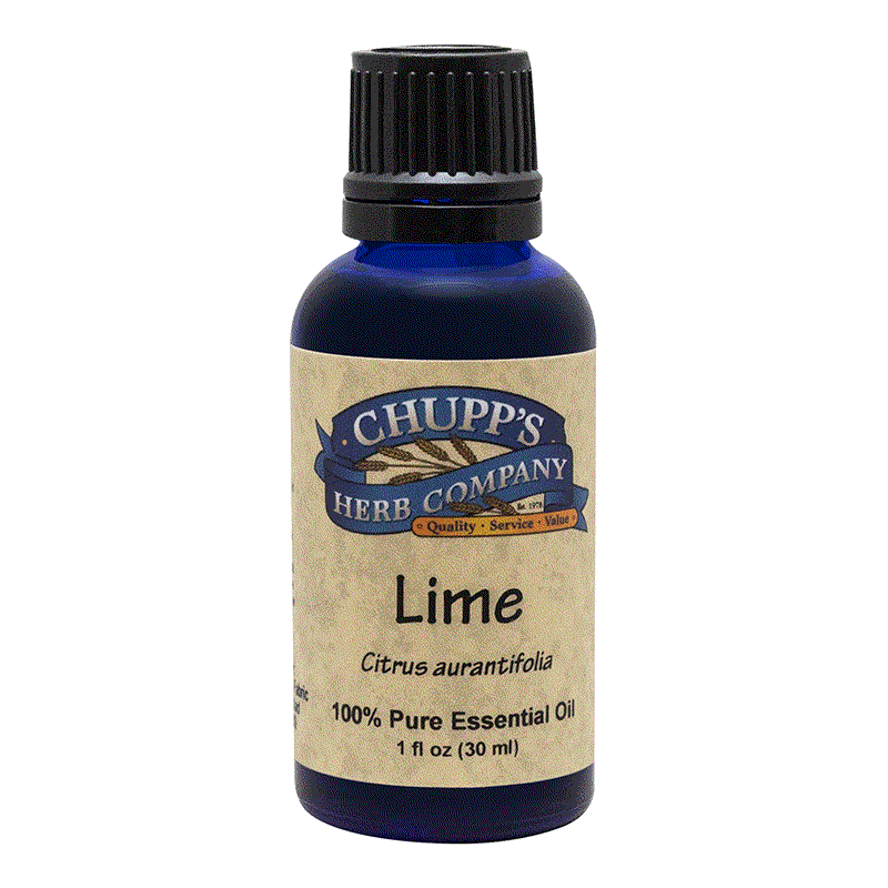 Blue glass bottle of Chupp's Herb Company Lime 100% pure essential oil with refreshing citrus scent